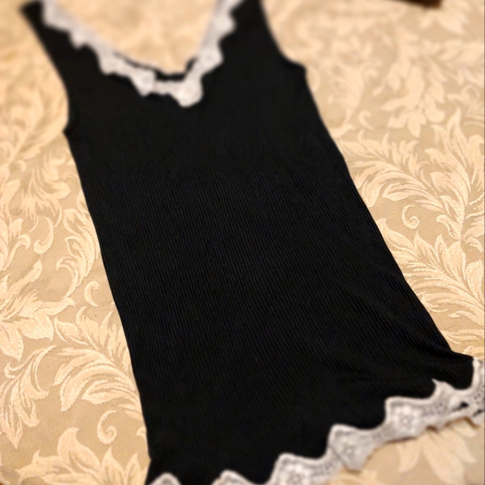 🐦⬛ Sweet Precious Merona Black Ribbed & Ivory Scalloped Lace Cami Tank Top - M - Picture 13 of 15